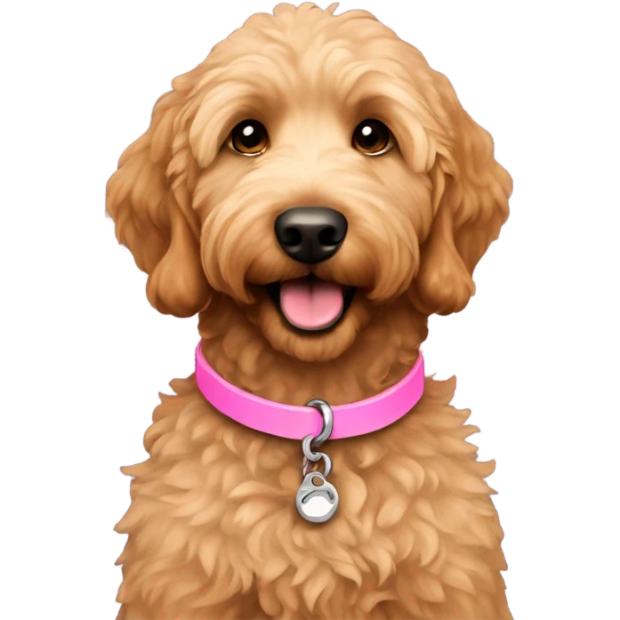 Mini brown female golden doodle pink collar emoji