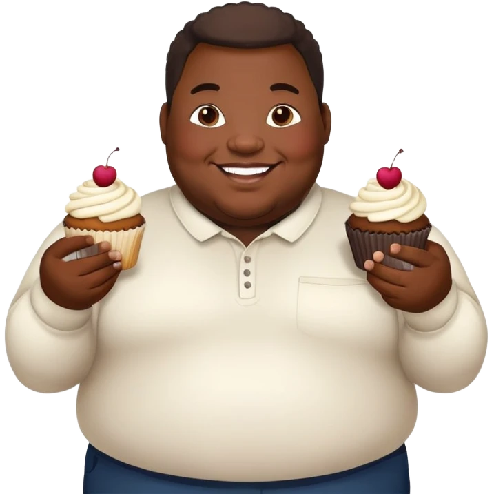 Extremely overweight African American man with a very round face and body, smiling and holding cupcakes emoji
