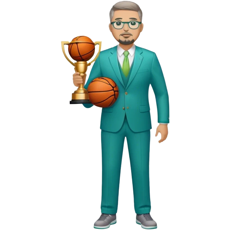 Full Body white plus size man  wearing glasses with a goatee with light brown and gray short hair basketball head Coach in blue and green suit holding trophy emoji