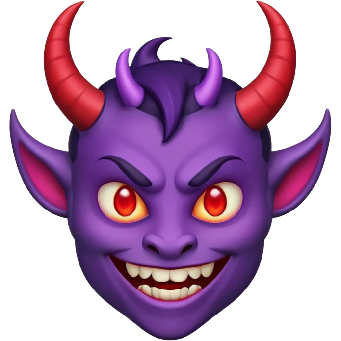 "Smiling face with horns devil emoji, purple skin, curved black horns, mischievous grin with fangs, pointed eyebrows, glowing red eyes, simple white background, cartoon emoji style, high detail, vibrant colors, isolated emoji