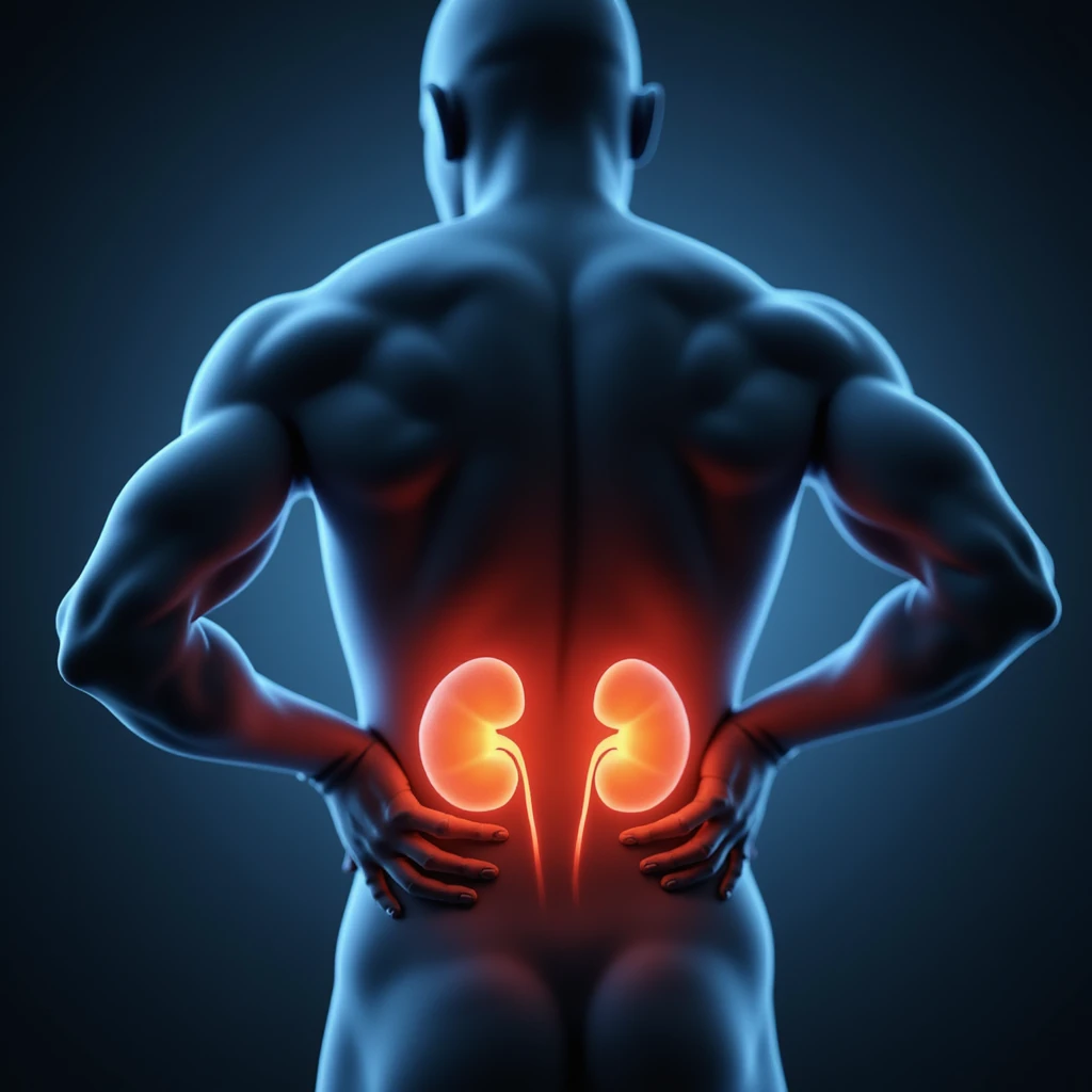 realistic male figure clutching lower back, kidneys highlighted in red, showing swelling or pressure, clinical setting, cool lighting, semi-realistic, medical illustration, 4K emoji