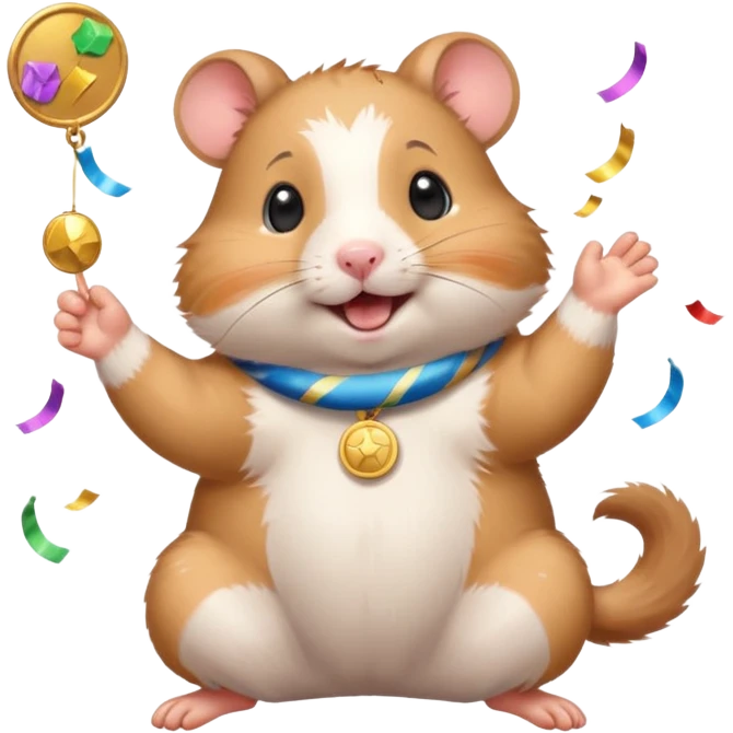 Cute cartoon-style hamster throwing confetti, holding a tiny medal, joyful expression. Painterly shading, white background, sticker-style illustration emoji