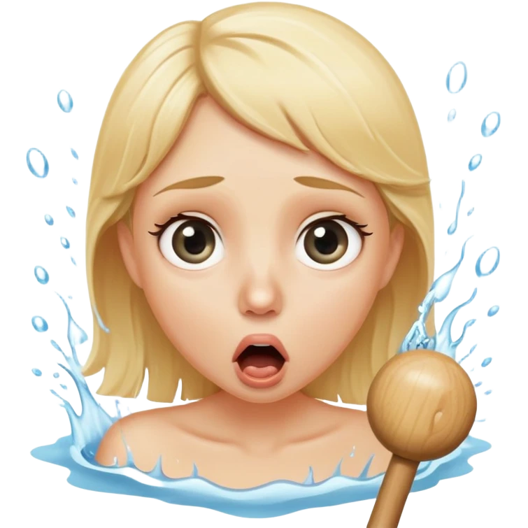 blond woman with wide eyes, holding a wide skin-colored stick with a D-shaped knob, the knob has skin texture, water squirting from the flat side of the knob into her mouth, shocked face emoji