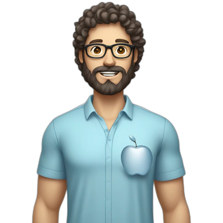 A male nutritionist with a full beard and dark, curly hair and white skin, wearing glasses, holding an apple in his hand. Who has a light blue shirt on. emoji