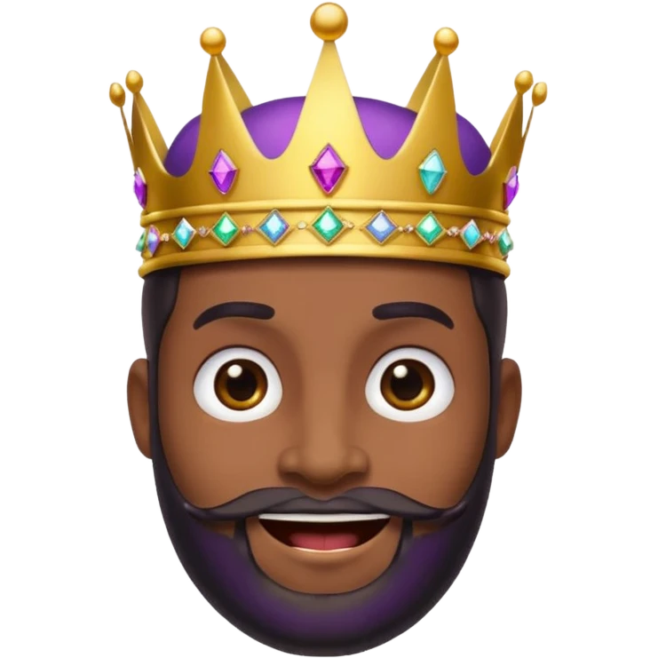 Create a cartoon-style emoji of Baltasar, one of the Three Wise Men. Only show his face and crown. He has a joyful expression, black beard, and a purple and gold crown with jewels. Make it colorful, simple, and suitable as an emoji. emoji