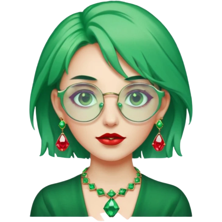 gem lover woman with gem accessories excessive amount gem glassess very big gem earrings green hair and red diamonds emoji