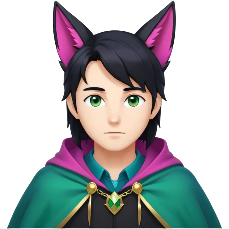 anime man with long-straight-dark-black hair, long black fox ears with pink Scapha, hazel-gradient-brown-turquoise eyes, gold earring, dark-blue-sweater, green cape,  emoji