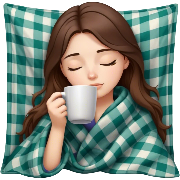 White girl brunette inside a flannel blanket sipping coffee eyes closed emoji