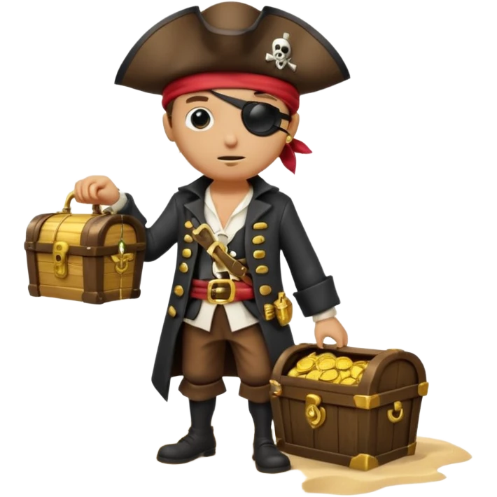 A 3D cartoon pirate character with one eye covered by a black eye patch, holding a treasure chest filled with gold coins and jewels, standing on sandy ground, wearing a pirate hat and coat, warm sunset lighting, realistic Memoji-style rendering. emoji