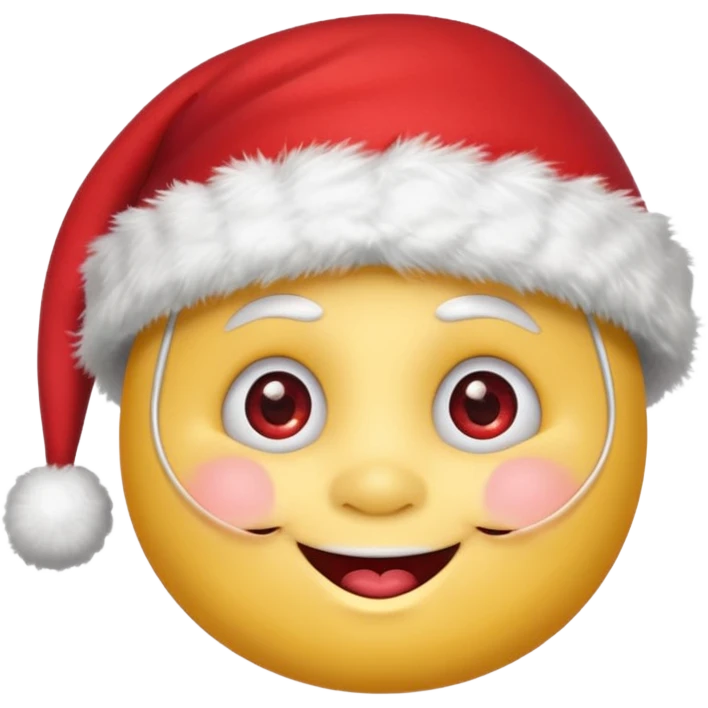 A yellow small smiling face wearing a red Santa hat with a pompom, rosy cheeks and twinkling eyes, conveying a warm, festive vibe. It should be a trolling smile. Like kappa. emoji