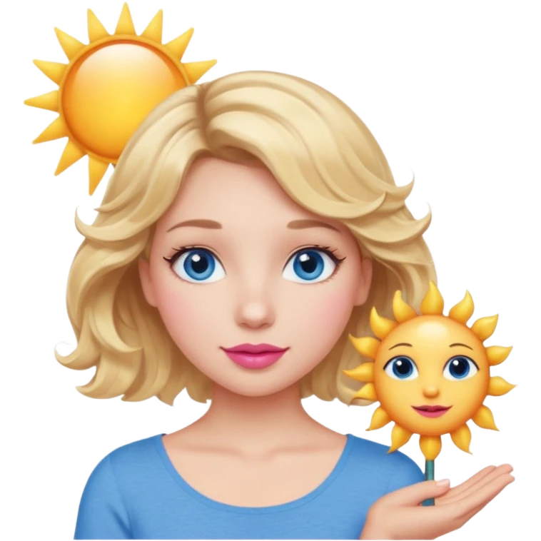 Girl Blonde short wavy hair,  blue eyes, cute blue top, long lashes, pink lips, holding the one sun   emoji