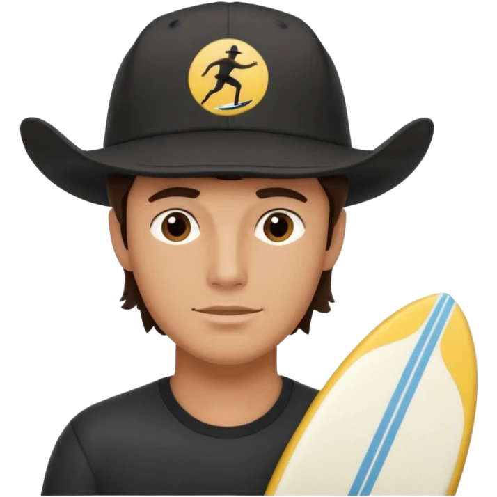 Male brunette movie producer black baseball hat with surfing cowboys written on hat  emoji