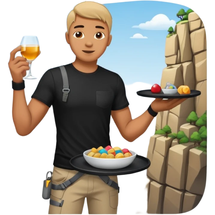 A guy rock climbing on a steep cliff in a black t-shirt with a waiter's tray in his hand emoji