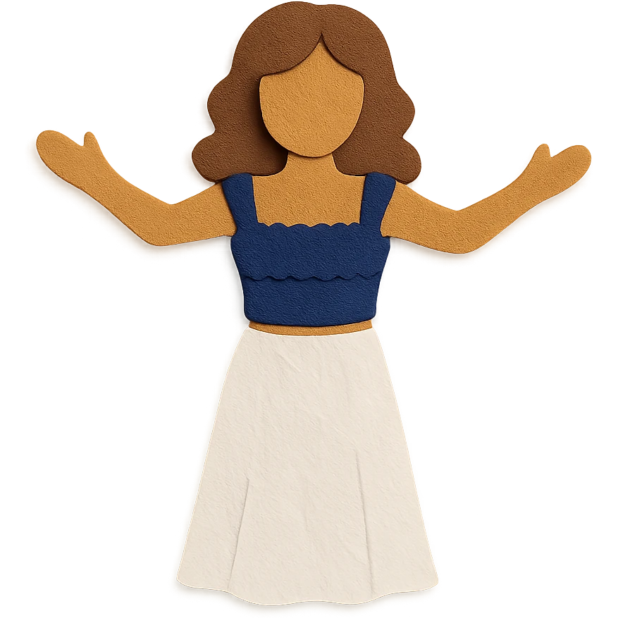 tan girl with wavy hair, white long skirt, navy blue ruched square neck crop top emoji