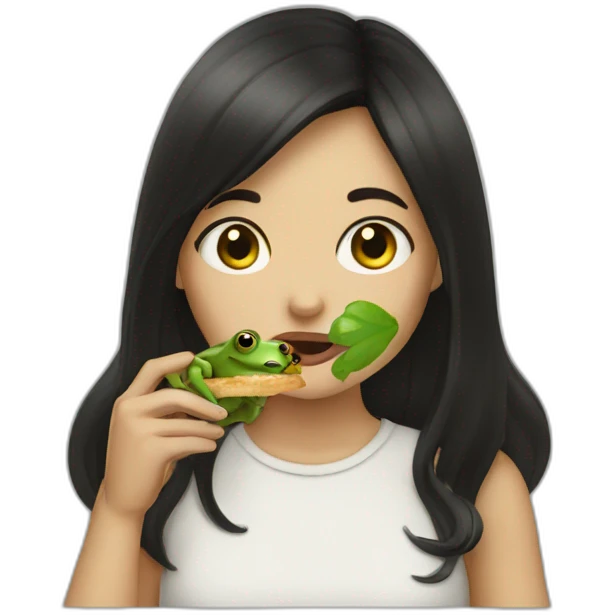 Dark haired girl eating a frog emoji