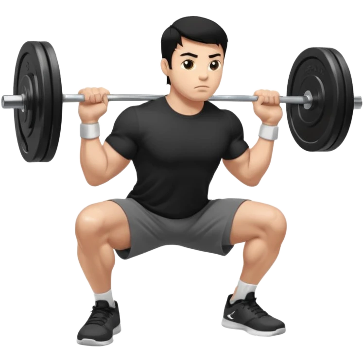 Hombre de cabello negro, tez moreno claro, vestido con playera negra, pants gris y tenis blancos tipo jordan haciendo sentadilla libre con barra con un disco de 20 kilos por lado visto de perfil  emoji