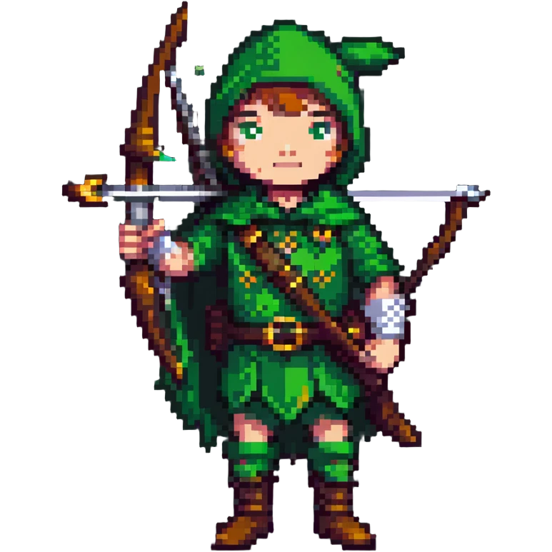 pixel art of Robin Hood with green outfit and bow emoji