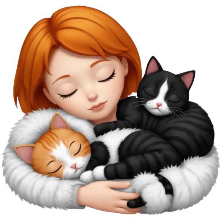 short hair Ginger Girl sleeping with a black and a white bigger cat  emoji