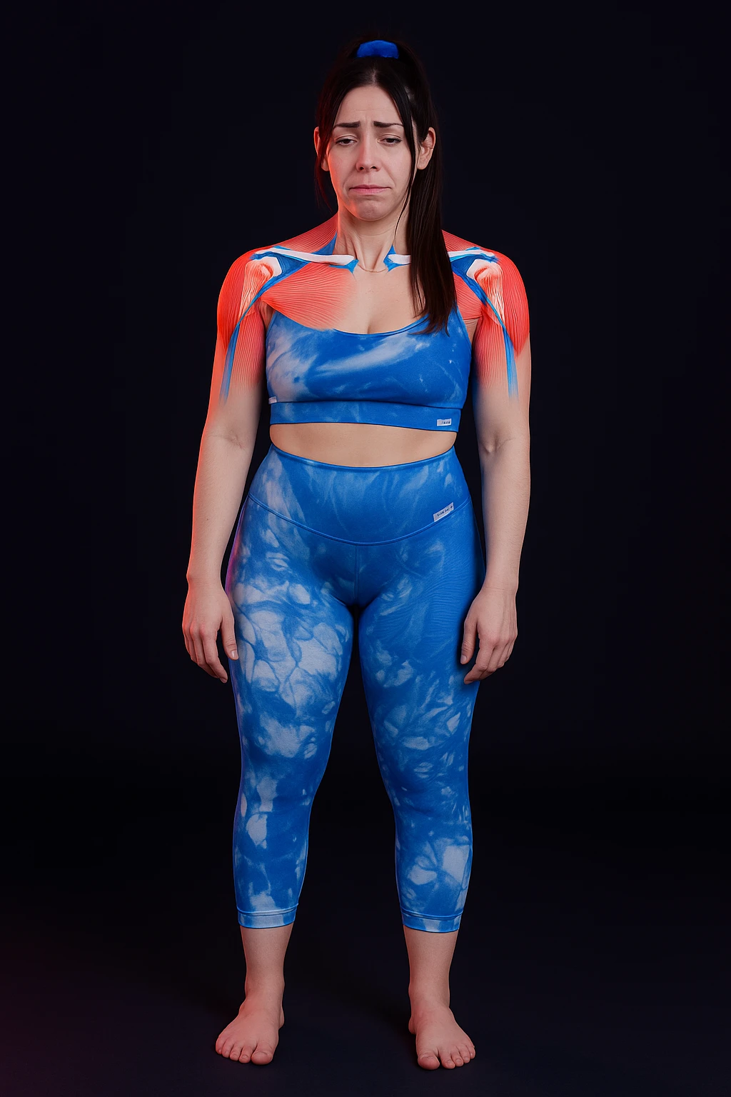 A woman with shoulder pain, add anatomically highlighted shoulders on the body, variant 3, in a style suitable for editing and anatomical emphasis. emoji
