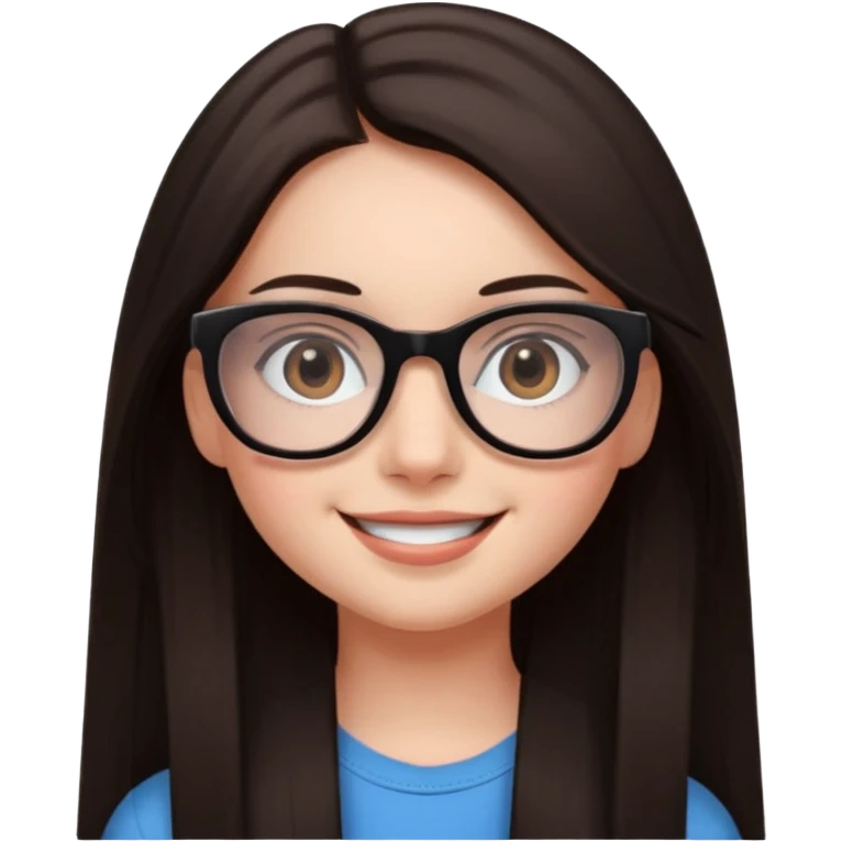 une ado, brune aux cheuveux tres fonces longs lisses blanche, ,lunettes carres noires, yeux bruns fonces joues rose emoji