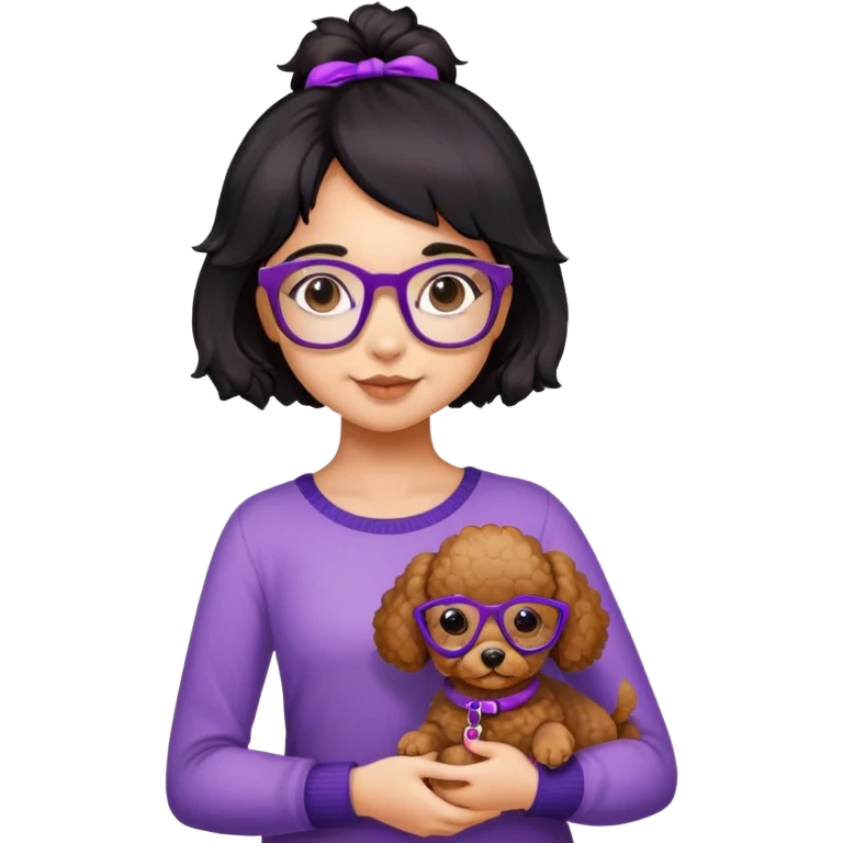 Girl with black hair gradient to brown, tortoise shell glasses, purple braces, holding a toy poodle brown dog emoji