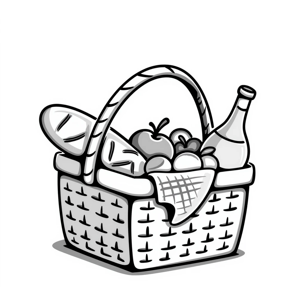 A wicker picnic basket with handle and contents like food items in pastel colors (dd9fb0, ffc6d3, a3bfc9, c4bee2, f1b091), hand-drawn doodle style emoji