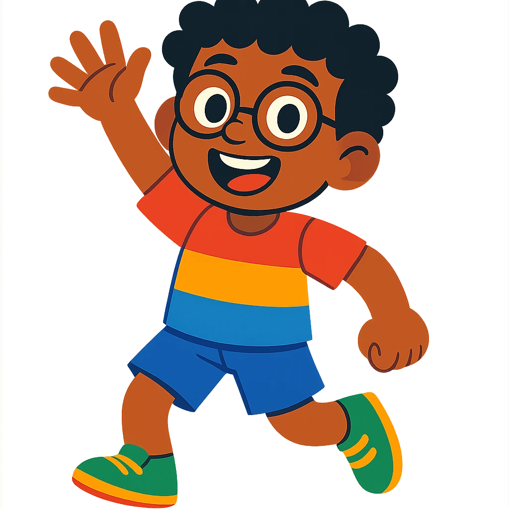 11 year old mixed-race boy with glasses and curly hair, colorful cartoon style, joyful expression emoji