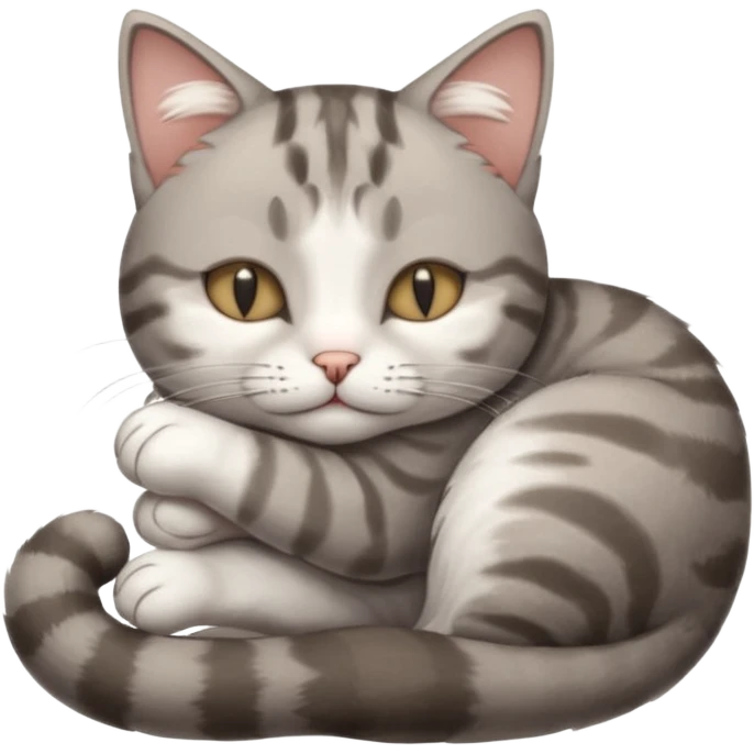 grey and white small cat with its eyes closed lying down with its paw curled and holding up his head emoji
