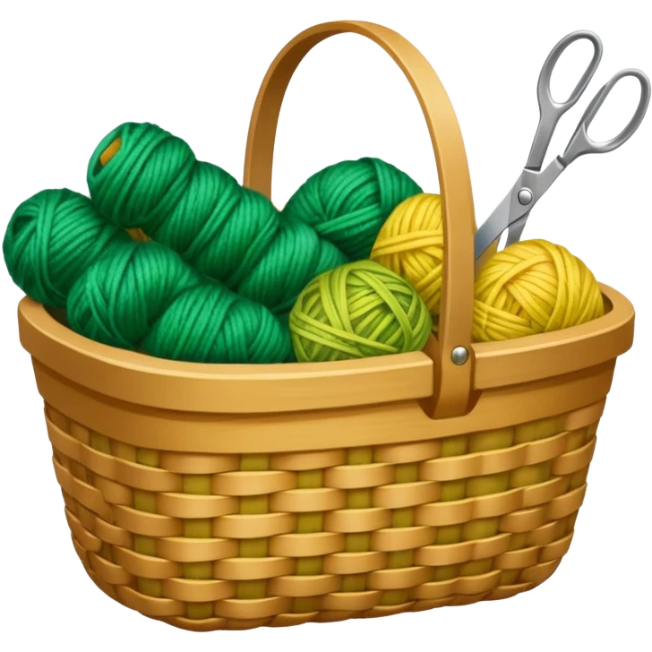 A tidy basket with neatly arranged green and yellow skeins and scissors. emoji
