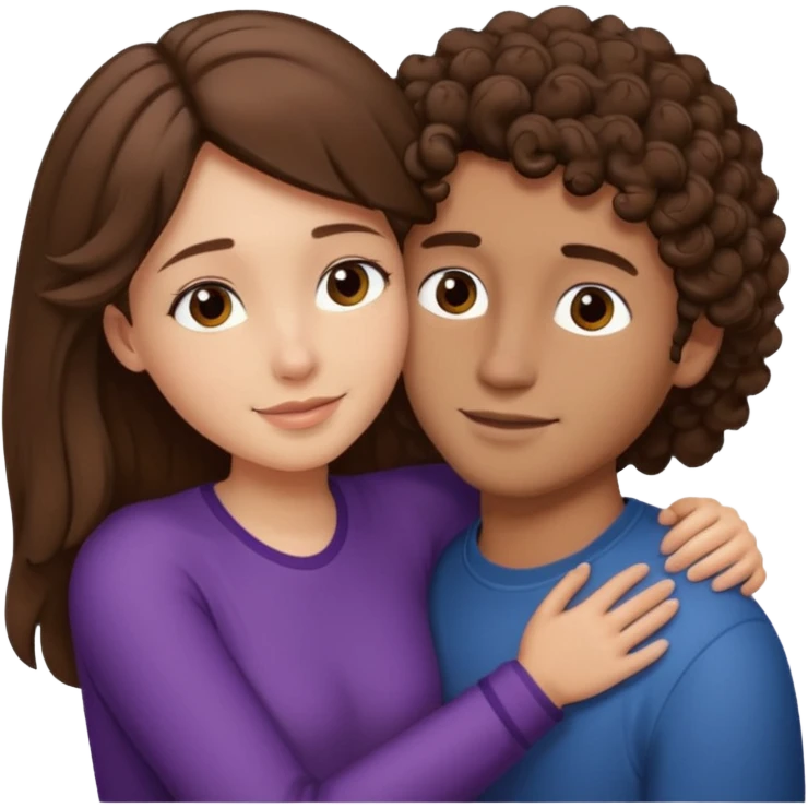 Girl with long straight brown hair hugging a guy with short curly brown hair emoji