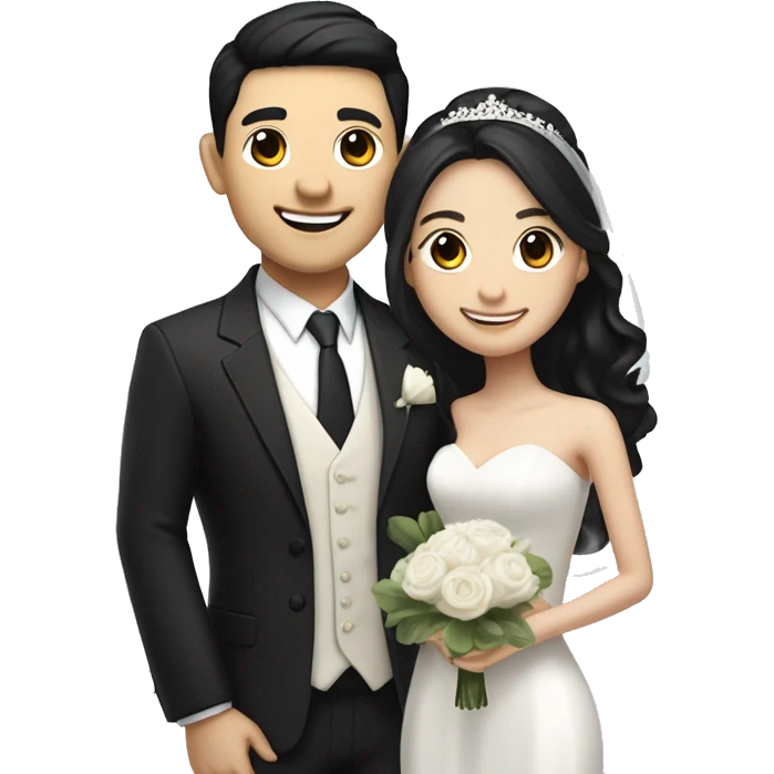wedding couple with faThe woman has black hair, and the man has a similar white skin tone with black hair styled like an Asian idol. Both are smiling, standing close together in wedding attire.ir skin emoji