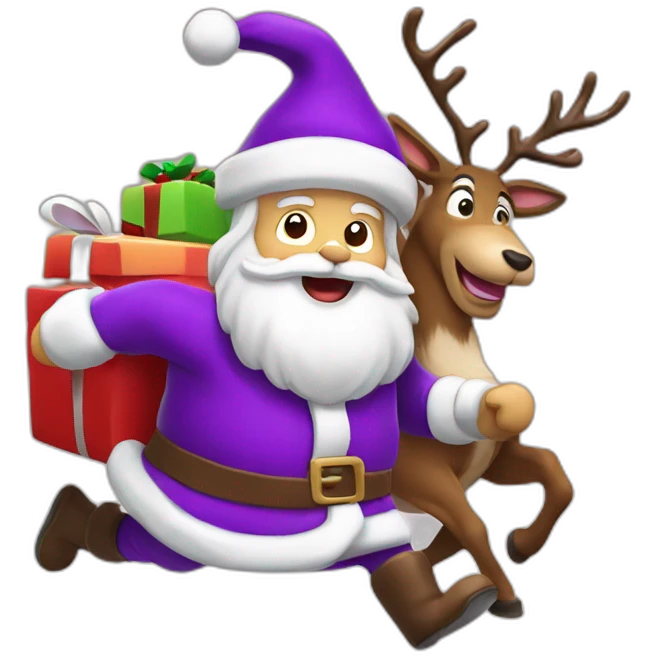 Santa Claus dressed in purple running with the reindeer to deliver the presents emoji