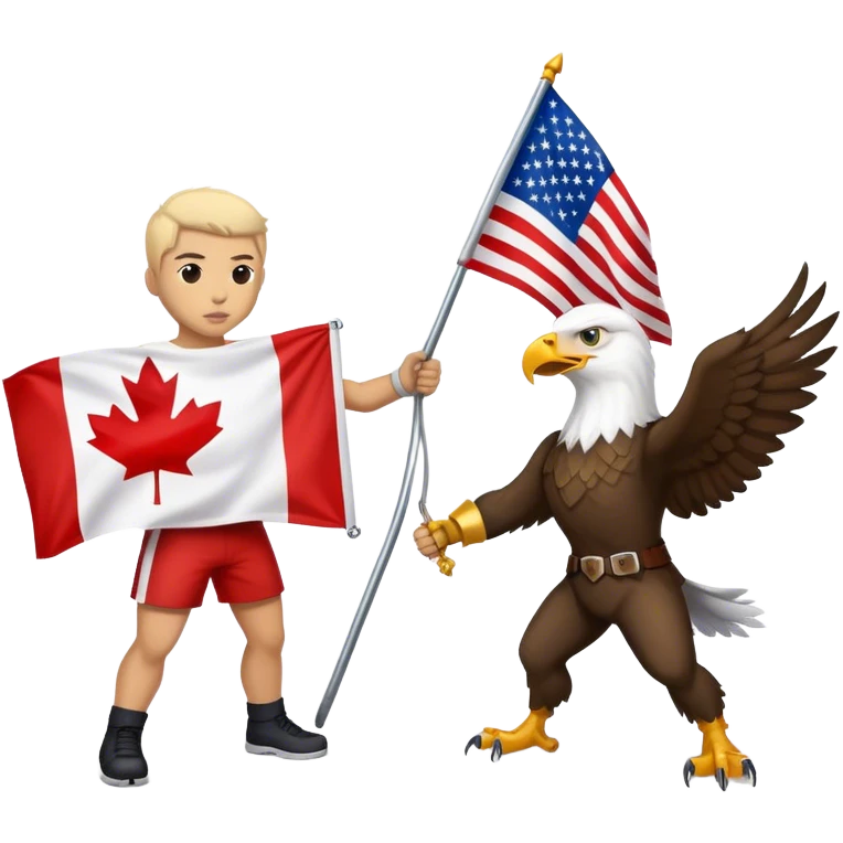 Canadian wearing a flag of Canada fighting an Eagle wearing an American flag emoji