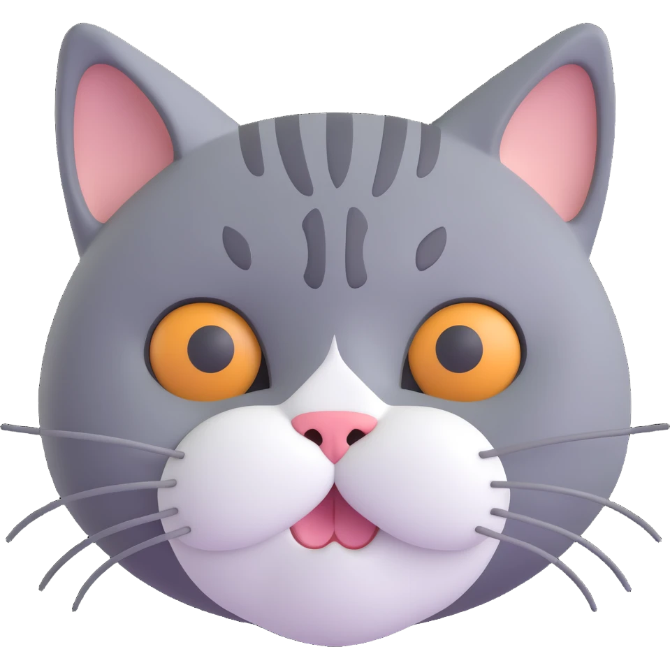 a cute style close-up of a cat face, white nose and underbelly, gray fur emoji