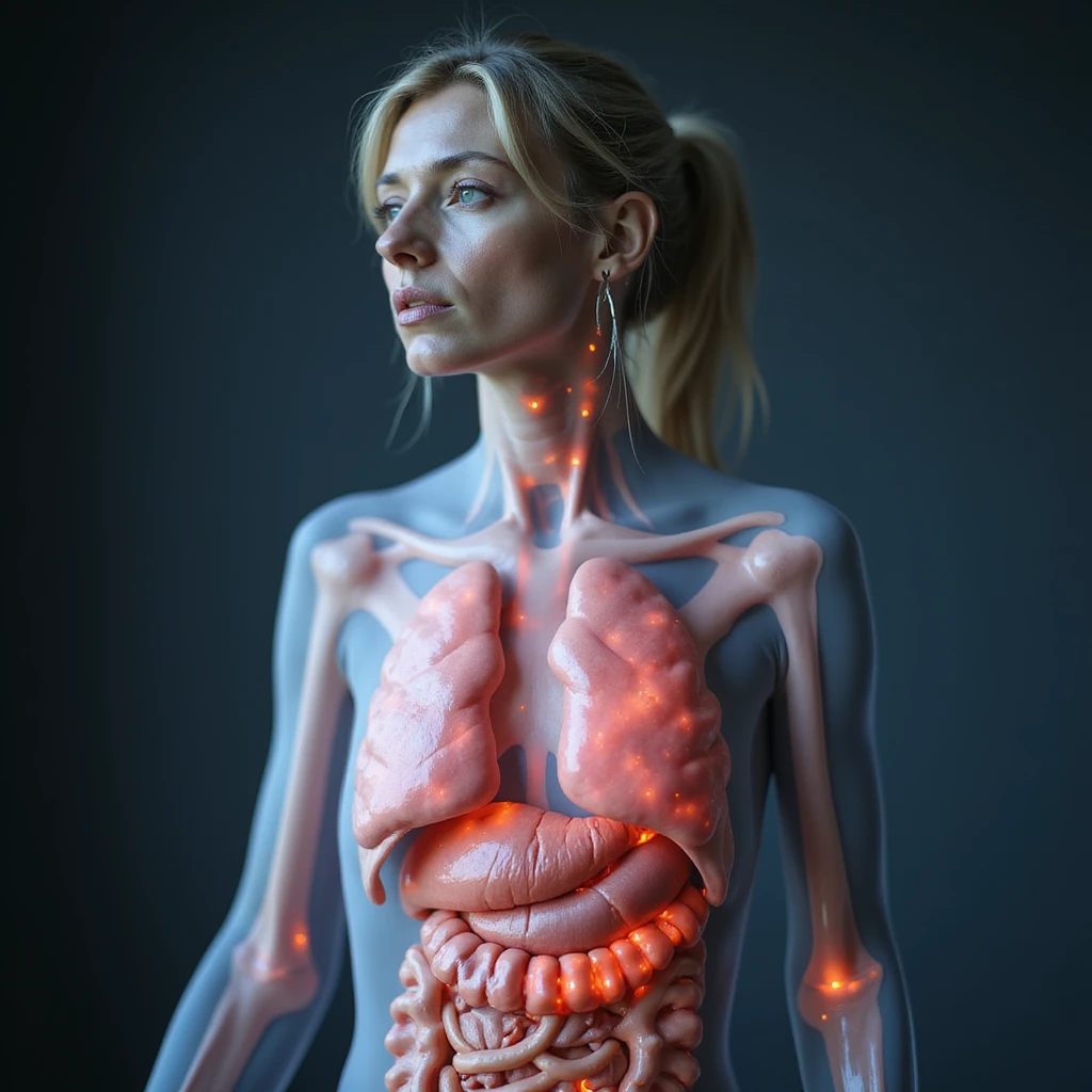 thin woman with translucent anatomical body showing systemic inflammation with red areas on tissues and organs, tired expression, clinical environment, hyperrealistic 4K details, suggesting blocked metabolism from overly restrictive diet emoji