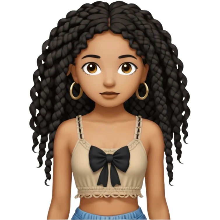 Girl with long black hair curly knotless boho braids mixed girl crop top with a bow on the crop top emoji