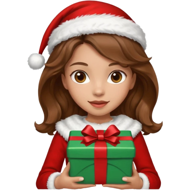 a girl with wavy brown hair wearing a christmas clothes and holding a gift emoji