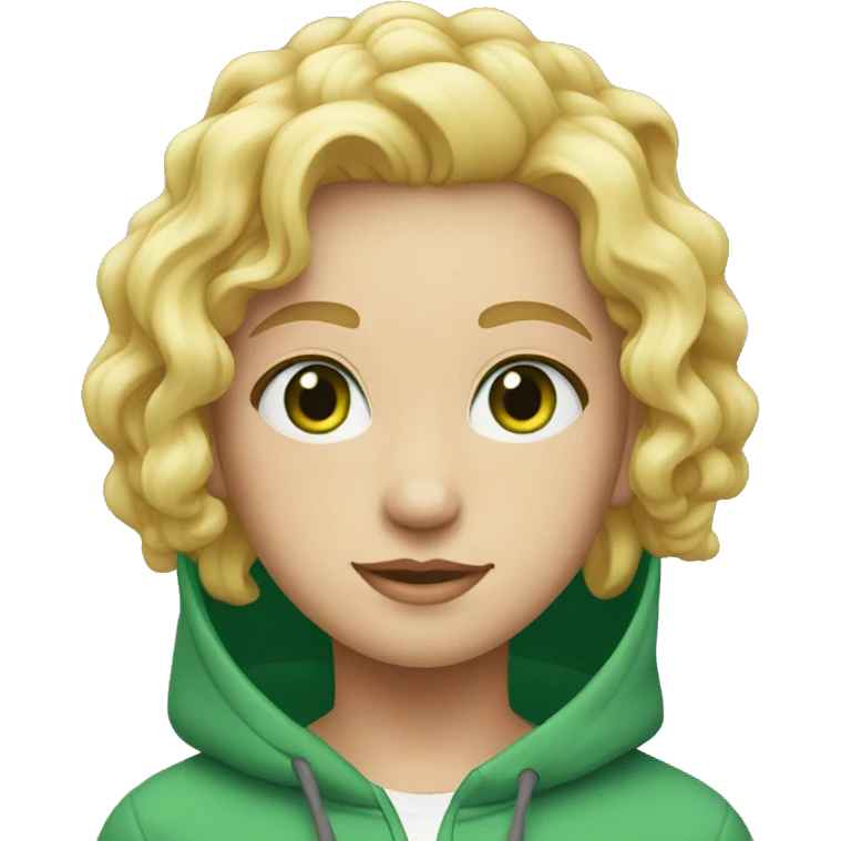 Blonde waivy hair, green eyes, wearing a hoody emoji