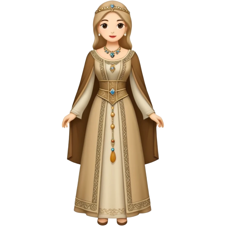 Full body of wealthy medieval townswomen in elegant dress with jewelry and fine embroidered clothing emoji