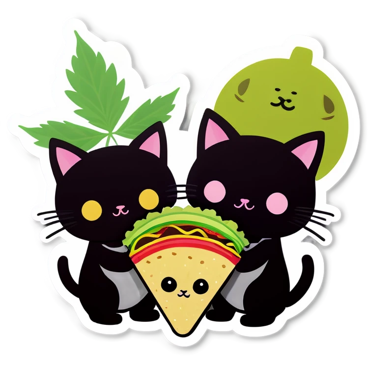Kawaii Cannabis leaf and kittens eating tacos kawaii style  emoji