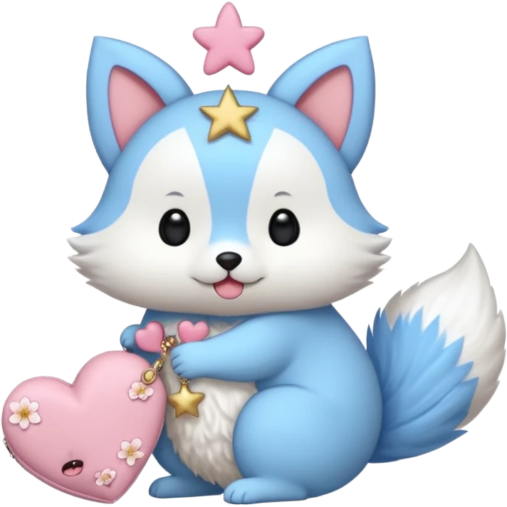GENERATE ME A MOMONGA WHITE ANIMAL  FROM CHIIKAWA AND PUT A SAKURA FLOWER ON HIS HEAD AND A STAR PELT ON HIS BELLY AND A HEART PURSE ON HIS ARM WITH HIS FACE MAKE HIS TOUNGE STICK OUT WITH A LITTLEPINCH OFDROOL AND MAKE HIM ANIME STYLED ART GIVE HIM A BIG BLUE FLUFFY TAIL JUST TAIL emoji