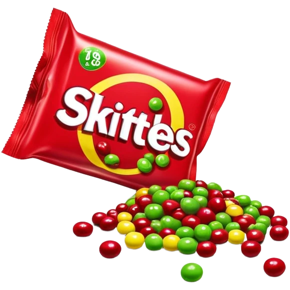 Red Skittles package with logo, the original red Skittles pack design, with only green Skittles candies spilling out emoji