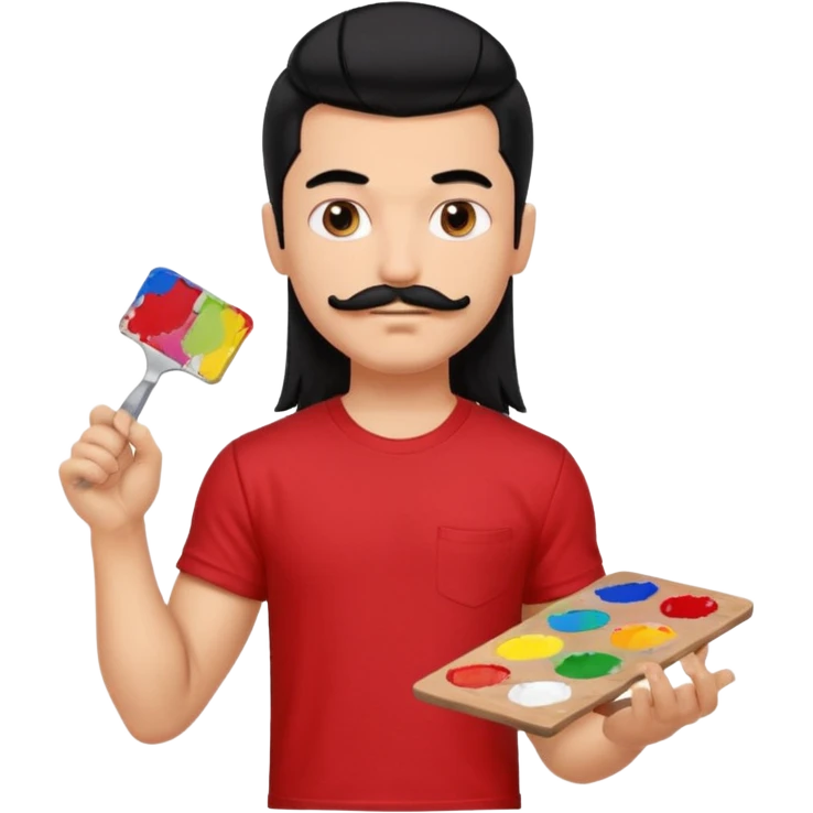 generate a pretty fair bratz boy with a long mullet (black hair), mustache, carrying a paint palette in hand and wearing a red tshirt. Lean but biceps emoji
