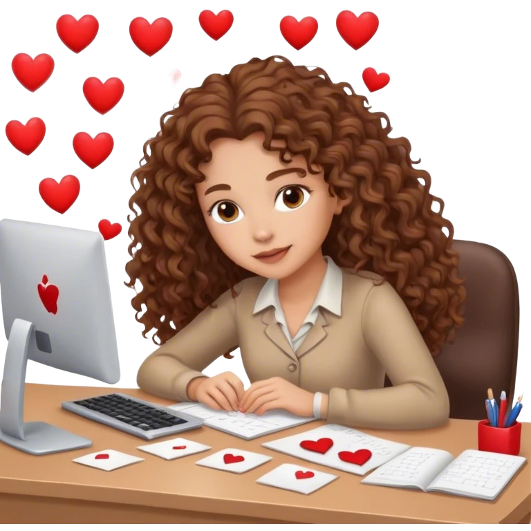 Hearts around Beautiful woman working at a desk. Her hair is brown long and curly. She is in love emoji
