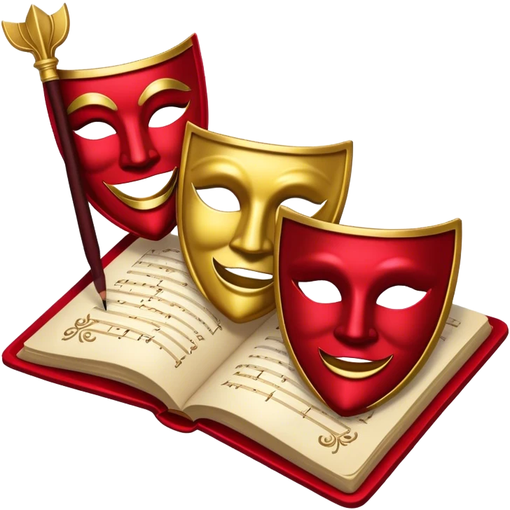 Create a bold and dramatic emoji representing the art of playwriting. The design should feature an open script or a theater playbook, with stylized text lines or dramatic dialogue inside. Include elements like a theatrical comedy and tragedy masks, a stage spotlight, or a writting quill to symbolize creativity and performance. Use deep, contrasting colors like red, black, and gold to evoke the intensity and passion of drama. The overall design should feel dramatic, inspiring, and artistic. Make the background transparent. emoji