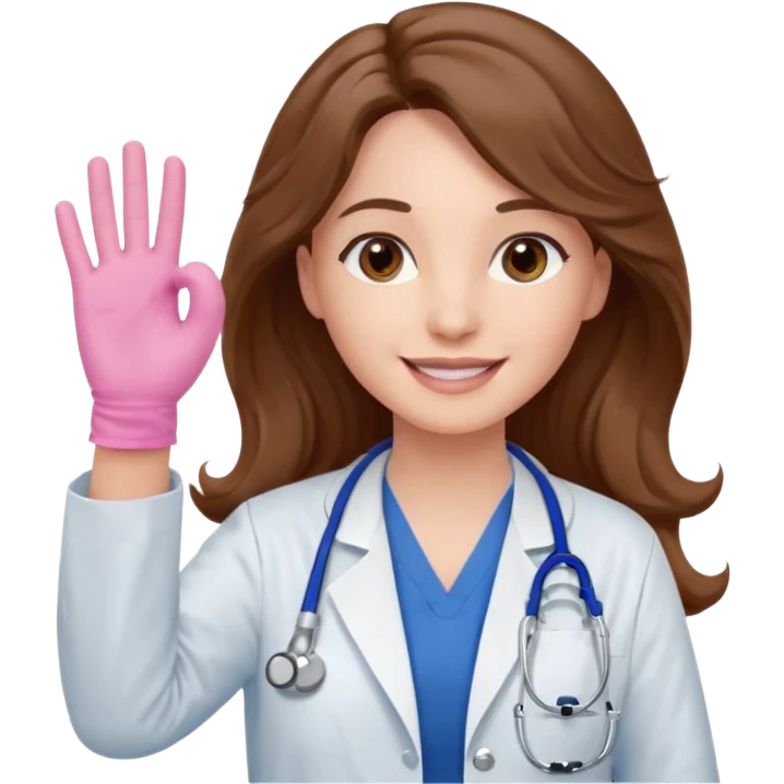 Barbie like emoji of a white woman with brown eyes and long wavy brown hair wearing blue scrubs, white lab coat, pink stethoscope, and raising one hand and a warm smile emoji