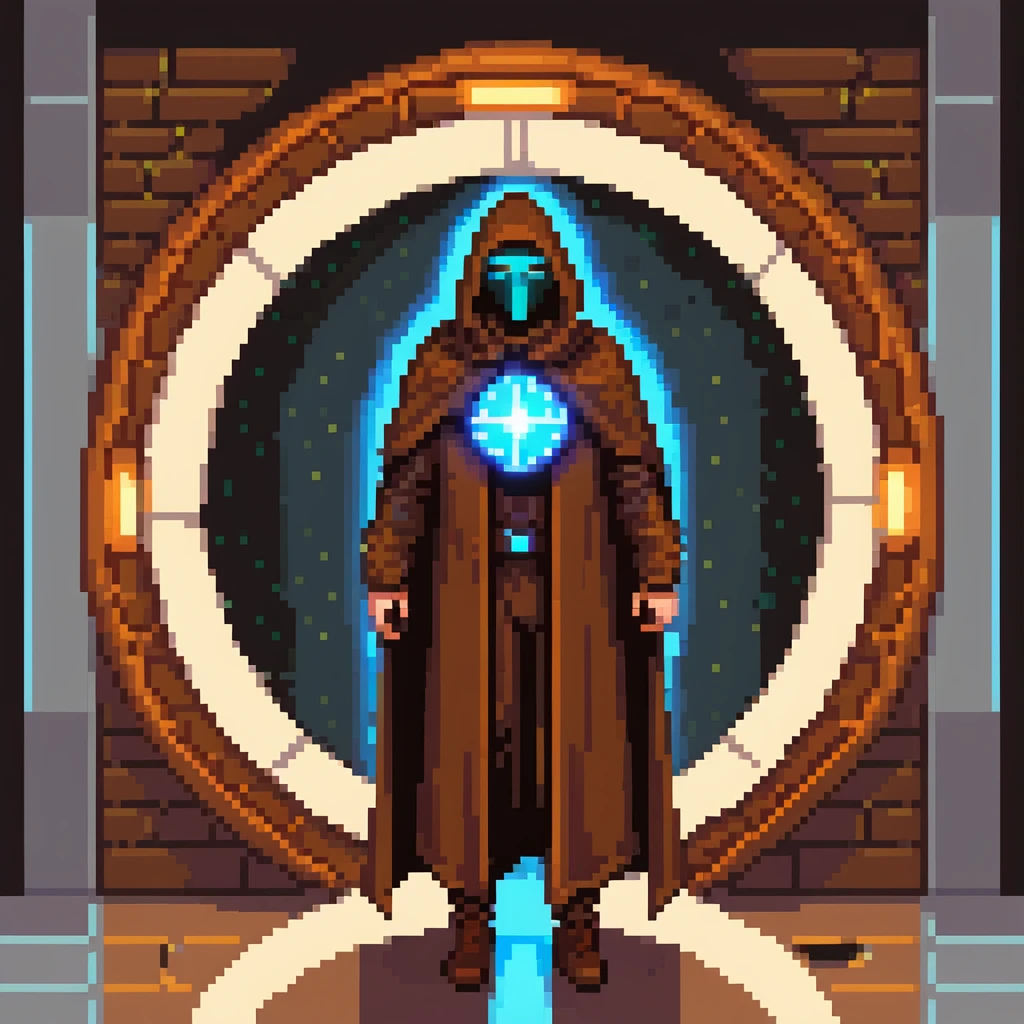 A mysterious man with a brown cloak and futuristic high-tech mask stepping out of a glowing portal emoji