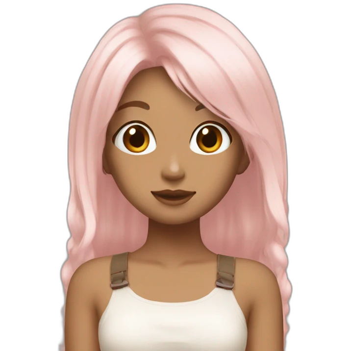 Cute girl aesthetic with light pink hairs and light brown top with white pants standing  emoji