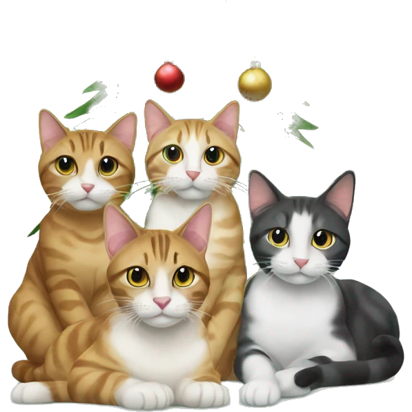 Four different cats sitting under a Christmas tree  emoji