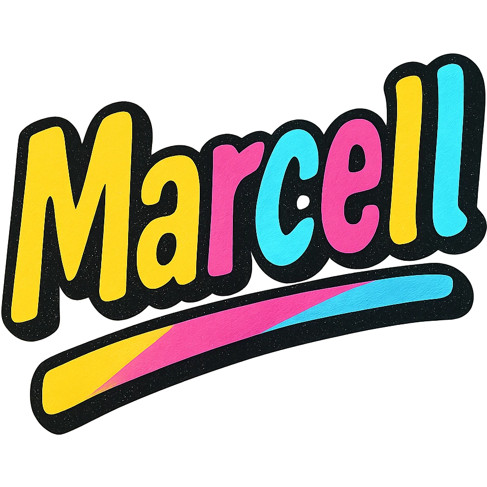 Marcell name in modern colorful gradient font with dark outline, dynamic slanted or partial underline, transparent background, in the style of reference patterns emoji